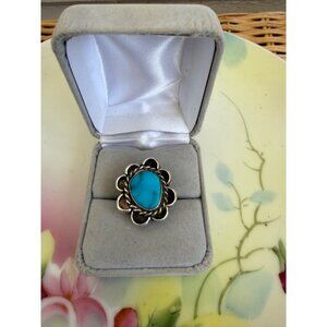 Vintage 60's Navajo Native American Blue Turquoise Flower Ring Sterling Sz 4 3/4